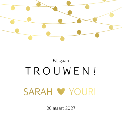 Goudfolie klassieke trouwkaart wit met gouden lampjes