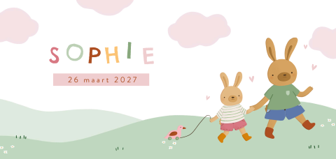 Geboortekaartje met konijn broer en zusje in landschap