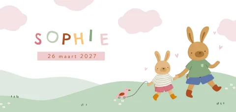 Geboortekaartje met konijn broer en zusje in landschap