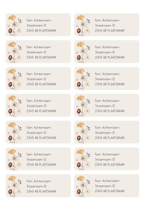 Beige adresstickers met wilde bloemenkrans