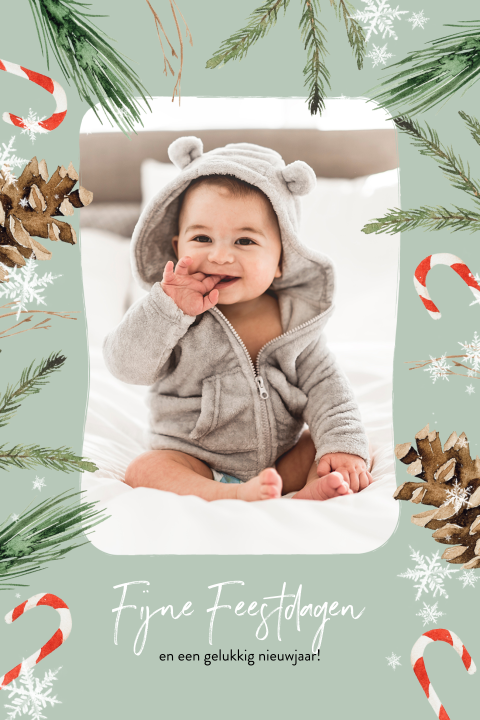 Groene kerstkaart eerste kerst baby met waterverf illustraties