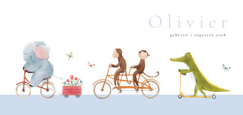 Geboortekaartje met olifant, apen en krokodil op fiets