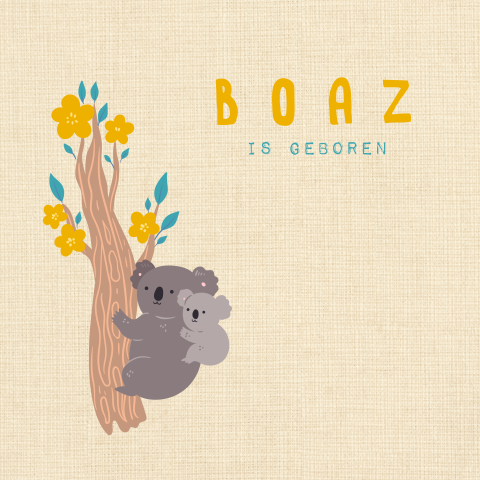 Zachtgeel geboortekaartje met lieve koala illustratie