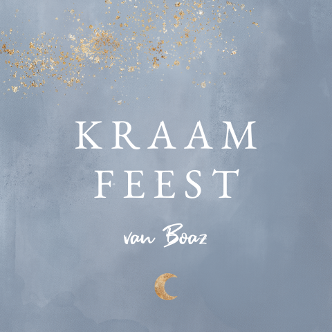Kraamkaartje met gouden maan en spetters op blauwe waterverf