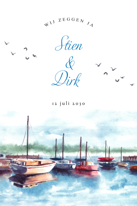 Trouwkaart met boten in aquarel – romantisch met zeilbootjes