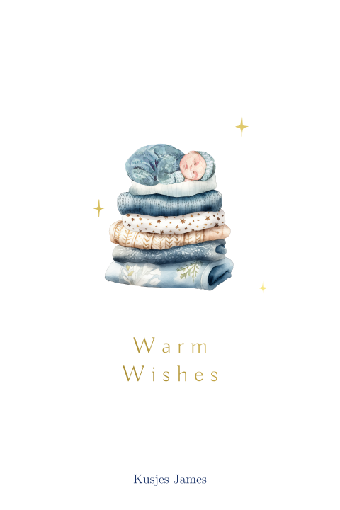 Kerstkaart met stapel dekens, baby jongen en eigen foto