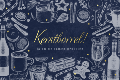 Donkerblauwe uitnodiging voor kerstborrel met goudfolie