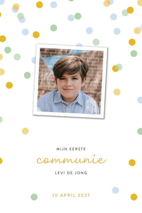 Uitnodiging eerste communie voor jongen met confetti