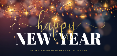 Nieuwjaarskaart met lichtjes en goudfolie typografie