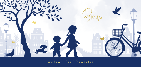 Hollands geboortekaartje met grote zus en broertje in stad