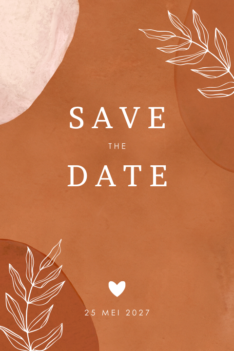 Roestrode save the date kaart met abstracte vormen en bladeren