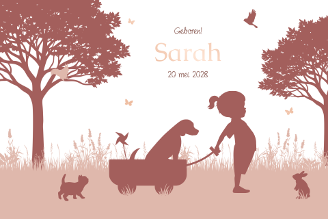 Roze silhouet geboortekaartje meisje met hond in kar