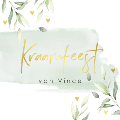 Goudfolie kraamkaartje jongen met groene waterverf en blaadjes