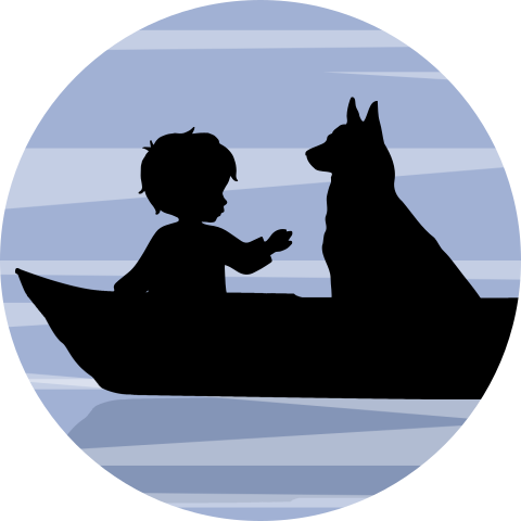 Silhouet sluitsticker met jongen en hond in bootje