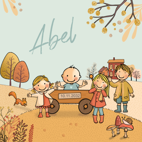 Herfst geboortekaartje 4e kindje met jongen in kar