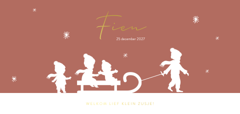 Goudfolie geboortekaartje winter met slee en vier kindjes