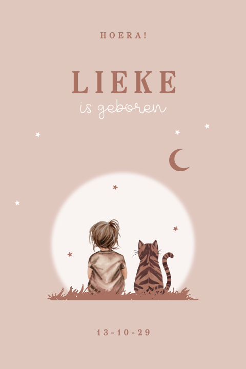 Roze geboortekaartje met silhouetjes kindje en poes