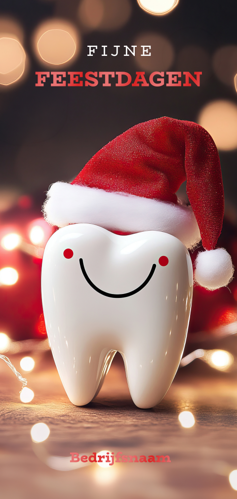 Kerstkaart voor tandartsen met vrolijke tand met kerstmuts
