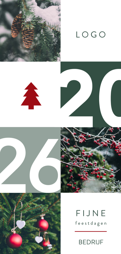 Grafische kerstkaart met acht vlakken en diverse kerstfoto's