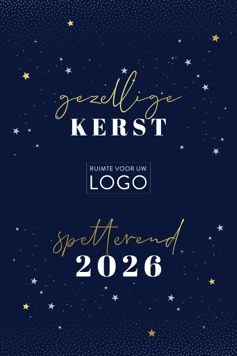 Blauwe kerstkaart met logo en goudfolie sterren