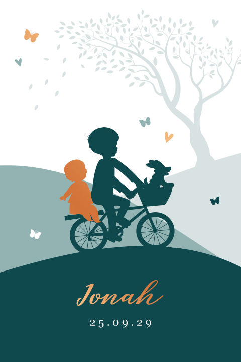 Geboortekaartje 2e kindje met grote broer en jongen op fiets