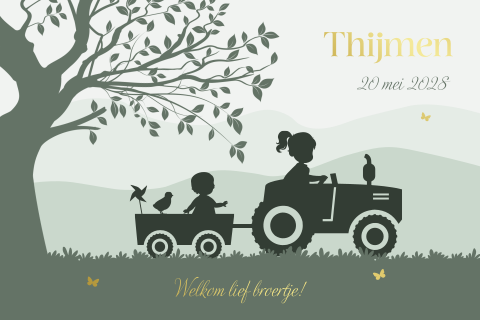 Tweede kind geboortekaart tractor met zus en baby broertje in kar