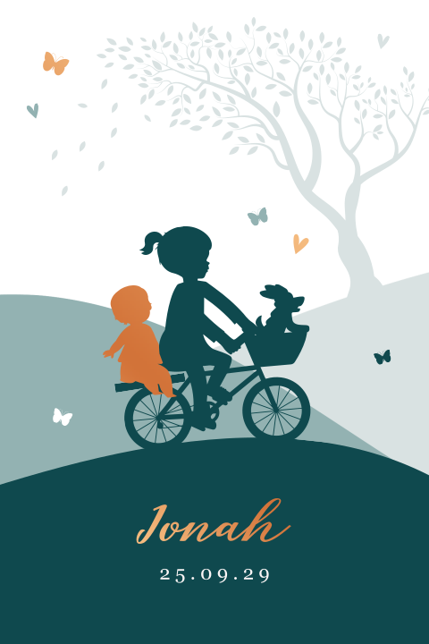 Geboortekaartje 2e kindje met grote zus en jongen op fiets