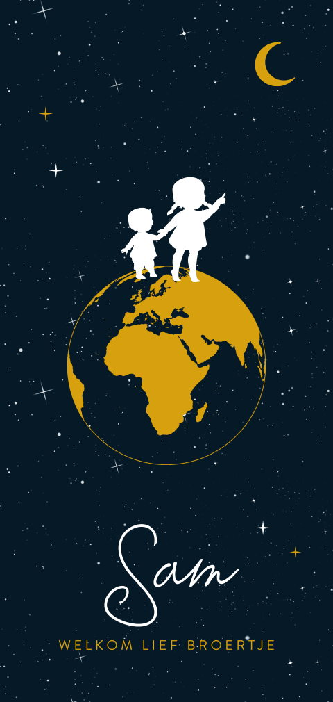 Geboortekaartje silhouette met zus en jongetje op wereldbol met maan
