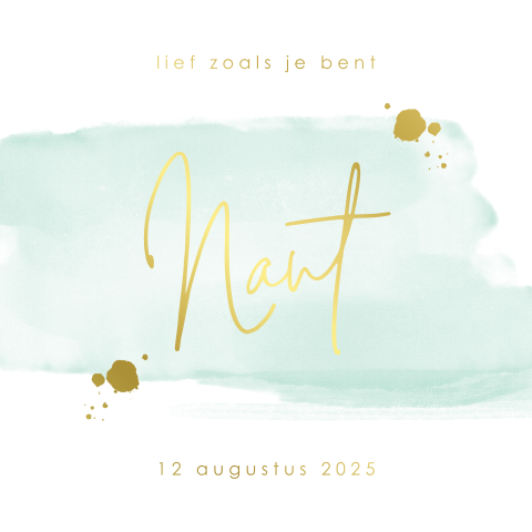 Goudfolie geboortekaartje met mintgroene waterverf vlek