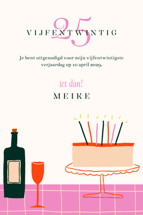 Vrolijke 25e verjaardag uitnodiging met taart en wijn
