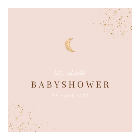 Roze uitnodiging babyshower met gouden maantje en spetters