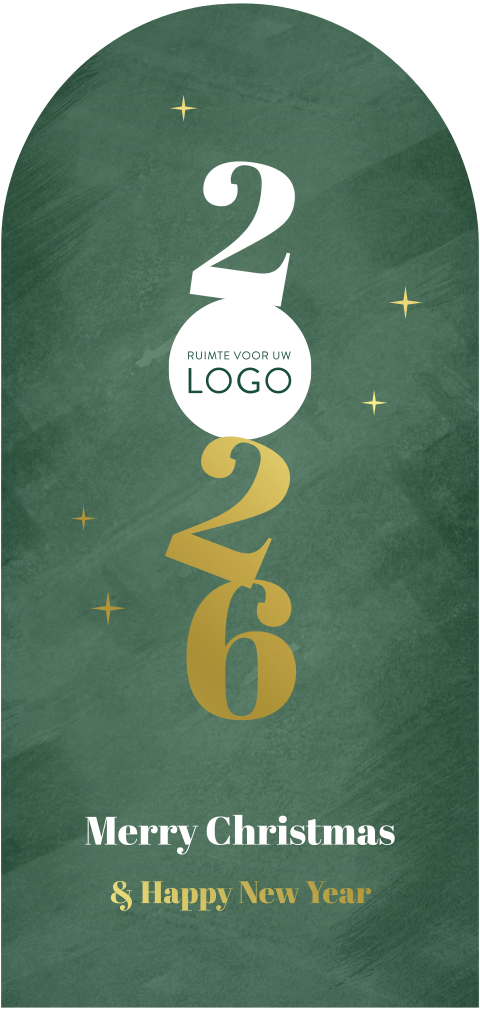 Groene kerstkaart in boogvorm met gestapeld 2026 en logo