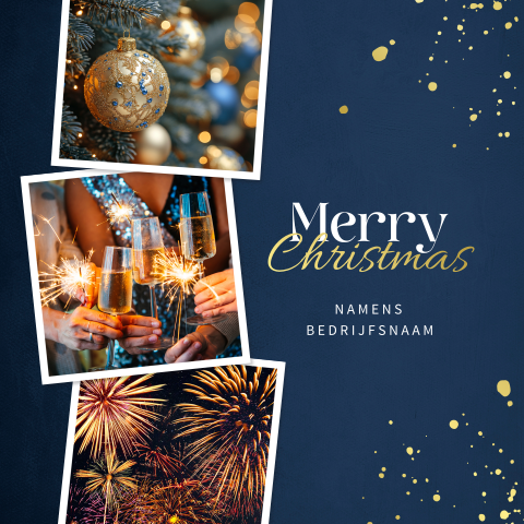 Blauwe chique kerstkaart met fotokaders en gouden spetters