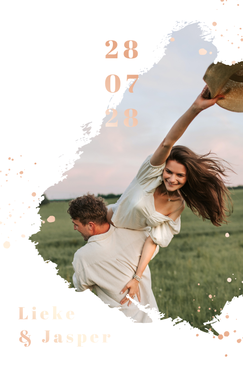 Trouwkaart met eigen foto en rosegoudfolie typografie
