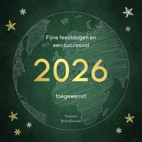 Donkergroene kerstkaart met wereldbol en goudfolie sterren