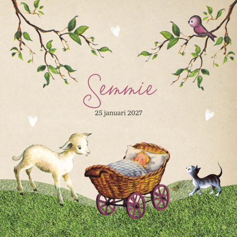 Nostalgisch geboortekaartje meisje met schaap en katje bij kinderwagen