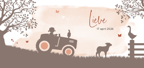 Bruin silhouet geboortekaartje met meisje op een tractor