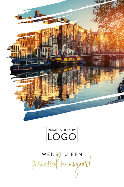 Kerstkaart met foto van Amsterdam en goudfolie