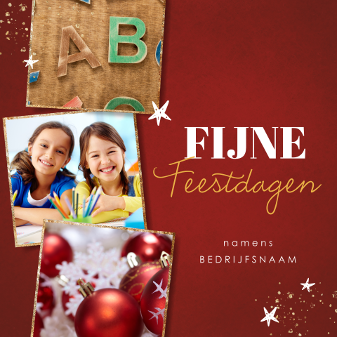 Rode kerstkaart met gouden fotokaders voor het onderwijs