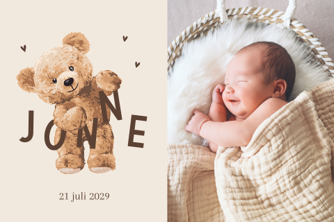 Geboortekaartje beertje met letters babynaam en eigen foto