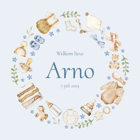Blauw lief geboortekaartje met baby illustraties