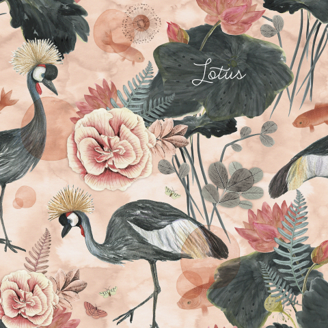 Geboortekaartje met roze waterlelies, kraanvogels en oranje karpers