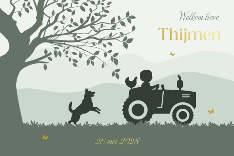 Groen silhouet geboortekaart tractor met jongen en hond