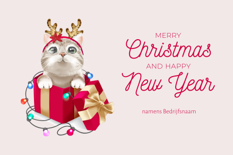 Roze kerstkaart met lieve poes in kerstcadeau