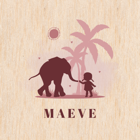 Silhouet geboortekaartje van hout met olifant en meisje
