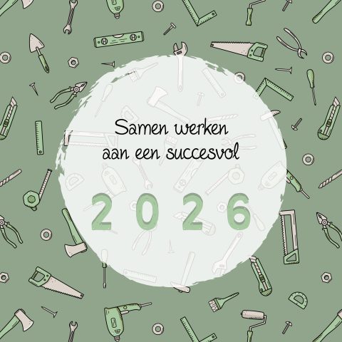 Groene kerstkaart met gereedschap en 2026