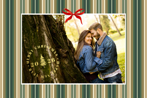 Liggende kerstkaart met foto en klassieke strepen