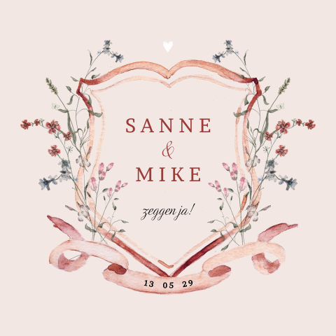 Stoere trouwkaart met roze wapenschild