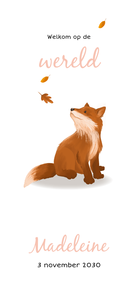 Herfst geboortekaartje meisje met bladeren en getekend vosje