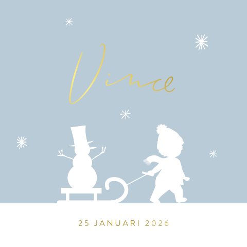 Goudfolie winter geboortekaartje met silhouet jongetje en slee
